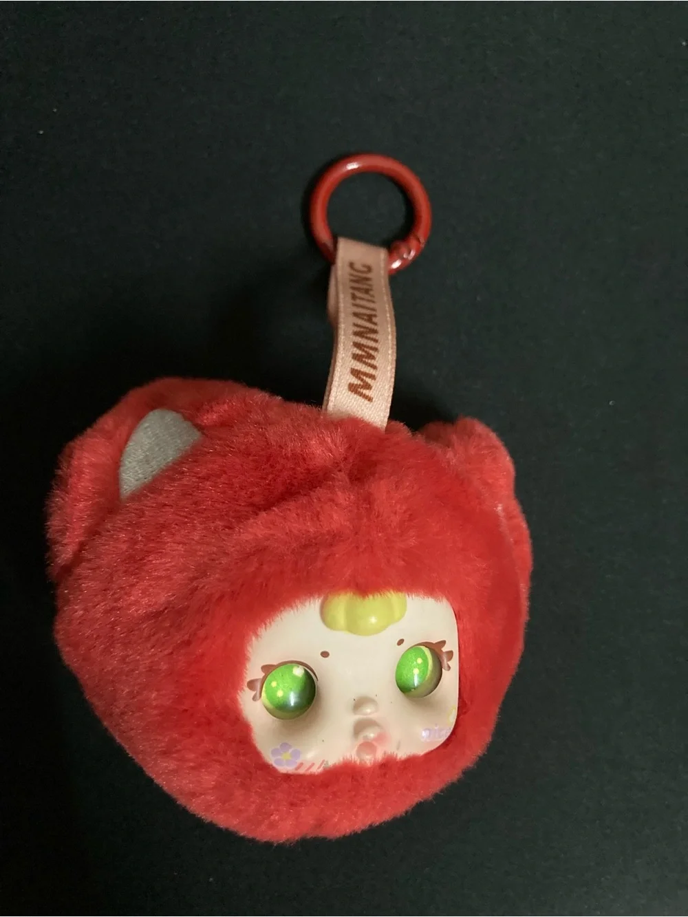 Red Plush Small Pet Toy Keychain with Green-Eyed Face